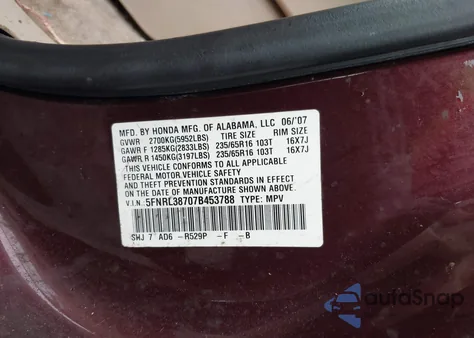 2007 Honda Odyssey Ex-L z USA, uszkodzony, nr VIN 5FNRL38707B453788